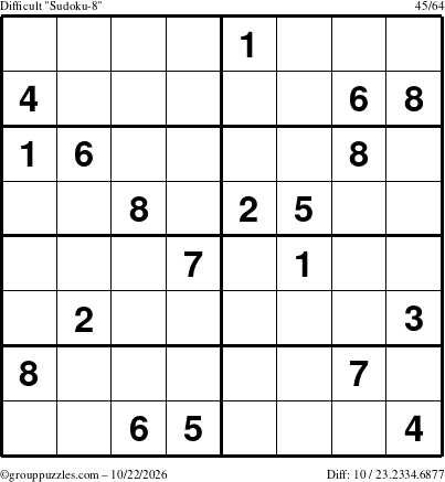 The grouppuzzles.com Difficult Sudoku-8 puzzle for Thursday October 22, 2026
