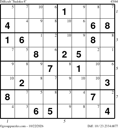 The grouppuzzles.com Difficult Sudoku-8 puzzle for Thursday October 22, 2026 with all 10 steps marked
