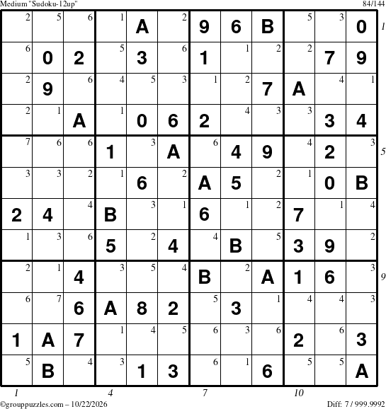 The grouppuzzles.com Medium Sudoku-12up puzzle for Thursday October 22, 2026, suitable for printing, with all 7 steps marked