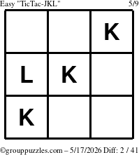 The grouppuzzles.com Easy TicTac-JKL puzzle for Sunday May 17, 2026