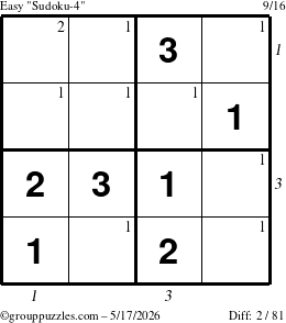 The grouppuzzles.com Easy Sudoku-4 puzzle for Sunday May 17, 2026 with all 2 steps marked
