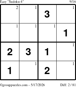 The grouppuzzles.com Easy Sudoku-4 puzzle for Sunday May 17, 2026 with the first 2 steps marked
