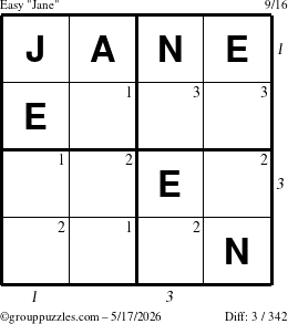 The grouppuzzles.com Easy Jane puzzle for Sunday May 17, 2026, suitable for printing, with all 3 steps marked
