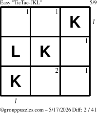 The grouppuzzles.com Easy TicTac-JKL puzzle for Sunday May 17, 2026 with all 2 steps marked