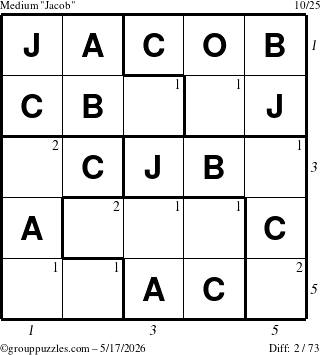 The grouppuzzles.com Medium Jacob puzzle for Sunday May 17, 2026, suitable for printing, with all 2 steps marked