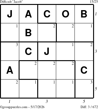 The grouppuzzles.com Difficult Jacob puzzle for Sunday May 17, 2026, suitable for printing, with all 3 steps marked