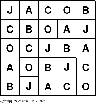 The grouppuzzles.com Answer grid for the Jacob puzzle for Sunday May 17, 2026