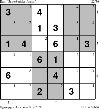 The grouppuzzles.com Easy SuperSudoku-Junior puzzle for Sunday May 17, 2026 with all 4 steps marked
