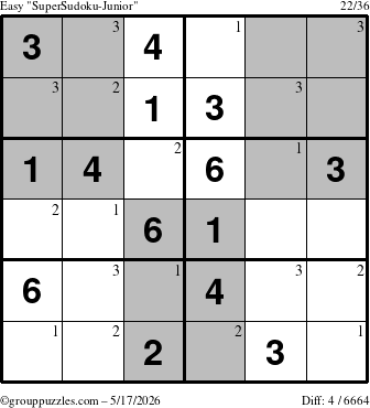 The grouppuzzles.com Easy SuperSudoku-Junior puzzle for Sunday May 17, 2026 with the first 3 steps marked
