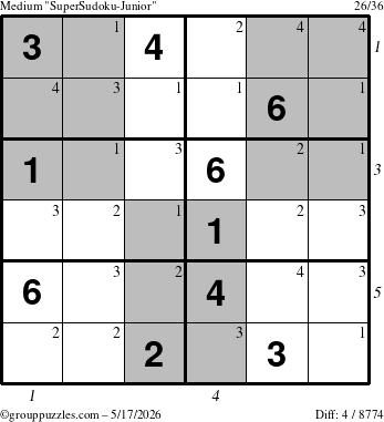 The grouppuzzles.com Medium SuperSudoku-Junior puzzle for Sunday May 17, 2026, suitable for printing, with all 4 steps marked