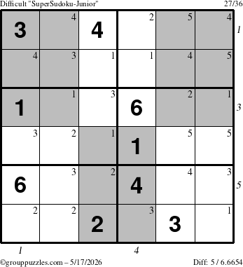 The grouppuzzles.com Difficult SuperSudoku-Junior puzzle for Sunday May 17, 2026 with all 5 steps marked