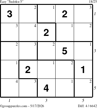 The grouppuzzles.com Easy Sudoku-5 puzzle for Sunday May 17, 2026 with all 4 steps marked