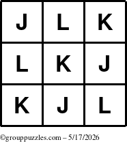 The grouppuzzles.com Answer grid for the TicTac-JKL puzzle for Sunday May 17, 2026