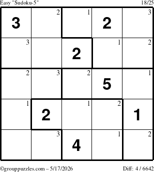 The grouppuzzles.com Easy Sudoku-5 puzzle for Sunday May 17, 2026 with the first 3 steps marked