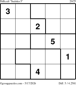 The grouppuzzles.com Difficult Sudoku-5 puzzle for Sunday May 17, 2026