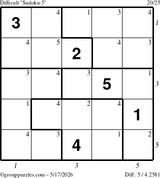 The grouppuzzles.com Difficult Sudoku-5 puzzle for Sunday May 17, 2026, suitable for printing, with all 5 steps marked
