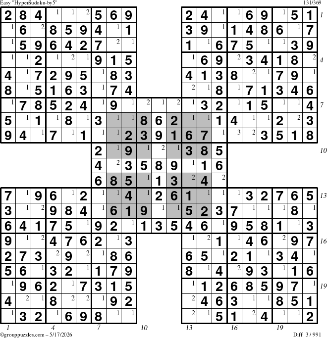 The grouppuzzles.com Easy HyperSudoku-by5 puzzle for Sunday May 17, 2026, suitable for printing, with all 3 steps marked