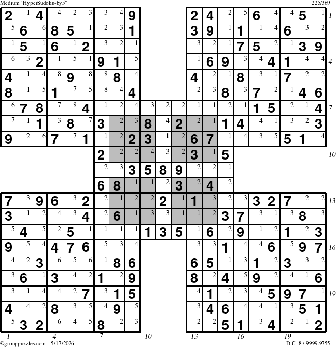 The grouppuzzles.com Medium HyperSudoku-by5 puzzle for Sunday May 17, 2026 with all 8 steps marked