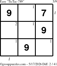 The grouppuzzles.com Easy TicTac-789 puzzle for Sunday May 17, 2026 with all 2 steps marked
