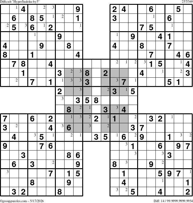 The grouppuzzles.com Difficult HyperSudoku-by5 puzzle for Sunday May 17, 2026 with the first 3 steps marked