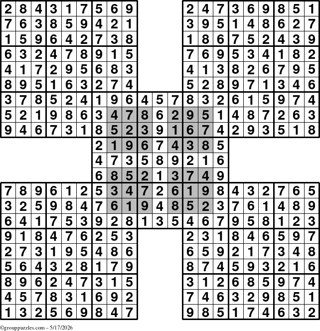 The grouppuzzles.com Answer grid for the HyperSudoku-by5 puzzle for Sunday May 17, 2026