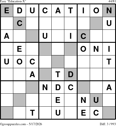 The grouppuzzles.com Easy Education-X puzzle for Sunday May 17, 2026