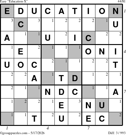 The grouppuzzles.com Easy Education-X puzzle for Sunday May 17, 2026, suitable for printing, with all 3 steps marked