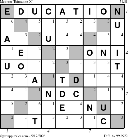 The grouppuzzles.com Medium Education-X puzzle for Sunday May 17, 2026 with all 6 steps marked
