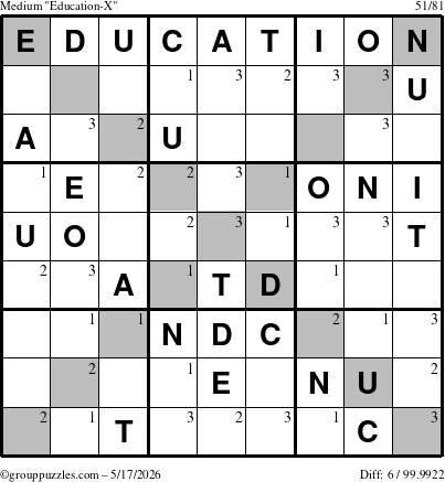 The grouppuzzles.com Medium Education-X puzzle for Sunday May 17, 2026 with the first 3 steps marked