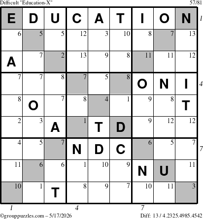 The grouppuzzles.com Difficult Education-X puzzle for Sunday May 17, 2026, suitable for printing, with all 13 steps marked