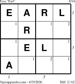 The grouppuzzles.com Easy Earl puzzle for Saturday April 25, 2026 with all 2 steps marked