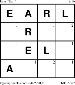 The grouppuzzles.com Easy Earl puzzle for Saturday April 25, 2026 with the first 2 steps marked