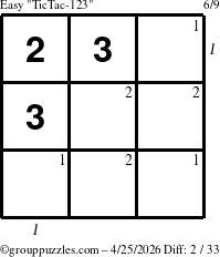 The grouppuzzles.com Easy TicTac-123 puzzle for Saturday April 25, 2026 with all 2 steps marked