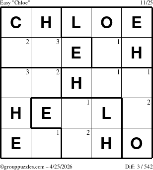 The grouppuzzles.com Easy Chloe puzzle for Saturday April 25, 2026 with the first 3 steps marked