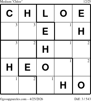 The grouppuzzles.com Medium Chloe puzzle for Saturday April 25, 2026 with the first 3 steps marked
