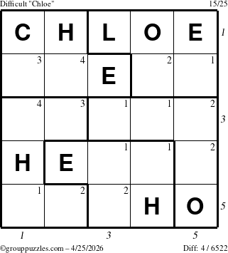 The grouppuzzles.com Difficult Chloe puzzle for Saturday April 25, 2026, suitable for printing, with all 4 steps marked