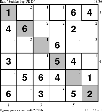 The grouppuzzles.com Easy Sudoku-6up-UR-D puzzle for Saturday April 25, 2026 with all 3 steps marked
