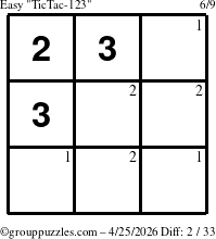 The grouppuzzles.com Easy TicTac-123 puzzle for Saturday April 25, 2026 with the first 2 steps marked
