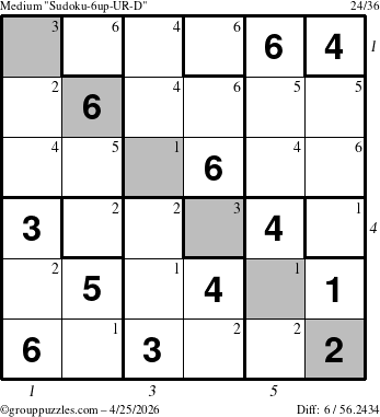 The grouppuzzles.com Medium Sudoku-6up-UR-D puzzle for Saturday April 25, 2026, suitable for printing, with all 6 steps marked