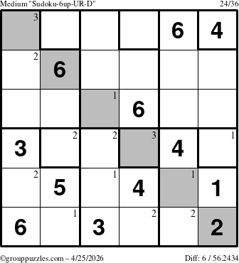 The grouppuzzles.com Medium Sudoku-6up-UR-D puzzle for Saturday April 25, 2026 with the first 3 steps marked
