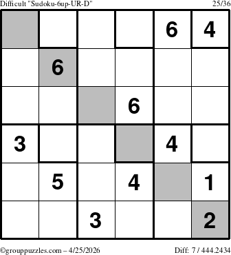 The grouppuzzles.com Difficult Sudoku-6up-UR-D puzzle for Saturday April 25, 2026