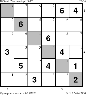 The grouppuzzles.com Difficult Sudoku-6up-UR-D puzzle for Saturday April 25, 2026, suitable for printing, with all 7 steps marked