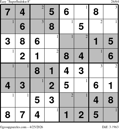 The grouppuzzles.com Easy SuperSudoku-8 puzzle for Saturday April 25, 2026 with the first 3 steps marked