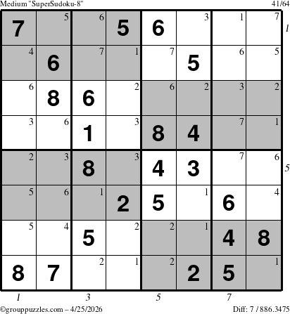 The grouppuzzles.com Medium SuperSudoku-8 puzzle for Saturday April 25, 2026, suitable for printing, with all 7 steps marked