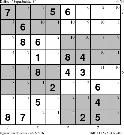 The grouppuzzles.com Difficult SuperSudoku-8 puzzle for Saturday April 25, 2026, suitable for printing, with all 11 steps marked