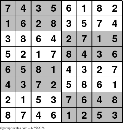 The grouppuzzles.com Answer grid for the SuperSudoku-8 puzzle for Saturday April 25, 2026