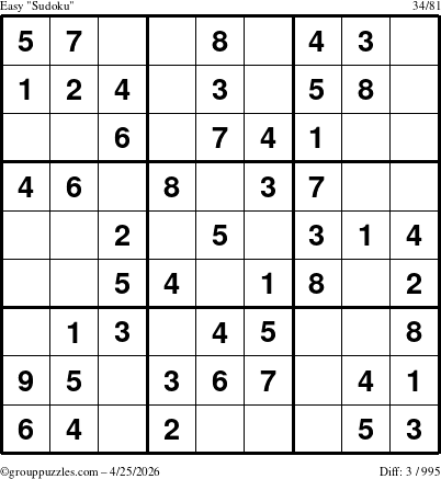 The grouppuzzles.com Easy Sudoku puzzle for Saturday April 25, 2026