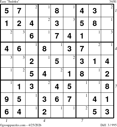 The grouppuzzles.com Easy Sudoku puzzle for Saturday April 25, 2026 with all 3 steps marked