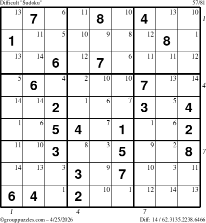 The grouppuzzles.com Difficult Sudoku puzzle for Saturday April 25, 2026, suitable for printing, with all 14 steps marked