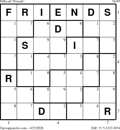 The grouppuzzles.com Difficult Friends puzzle for Saturday April 25, 2026 with all 9 steps marked